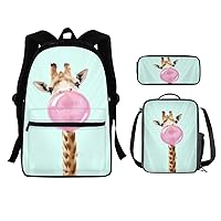 3 Piece Cute Giraffe Print School Backpack for Kids Girls Laptop Backpack School Bag Casual Daypack Insulated Lunch Bag Tote Meal Pack Stationery Pencil Case School Supplies,Mint Green