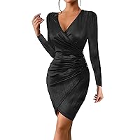 Women's Sexy Long Sleeve V Neck Ruched Bodycon Mini Party Cocktail Dress Wardrobe Women Plus Size