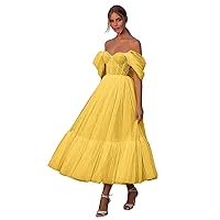 Eighale Tulle Dotted Tea Length Prom Dresses Off The Shoulder A-Line Formal Evening Party Gown