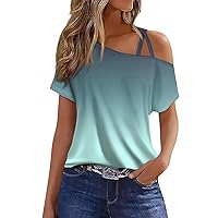 3/4 Length Sleeve Womens Tops,Off The Shoulder Tops for Women Short Sleeve One Shoulder Shirts Criss-Cross Solid Color Gradient Print Sexy Blouse Tunic Short Sleeve Tops Blouses