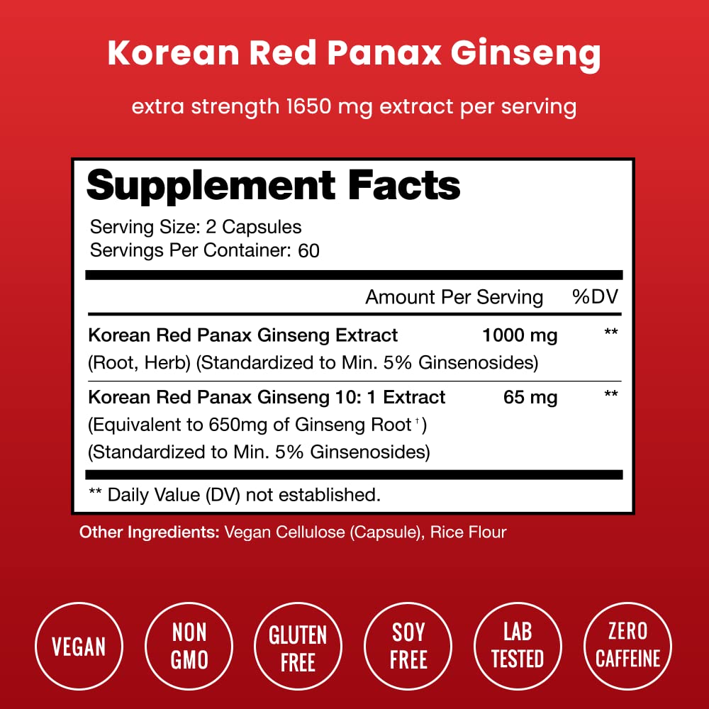 NutraChamps Korean Red Panax Ginseng Capsules | Extra Strength Ginsenosides for Energy, Focus, Performance, Vitality & Immune Support | Korean Red Ginseng Root Extract Powder Supplement | Vegan Pills
