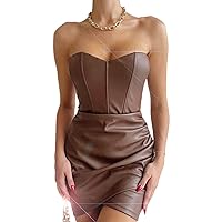 Women's Sexy Off Shoulder Skinny Mini Leather Dress Deep V Neck Wet Look Bodycon PU Leather Night Club Skort Dress