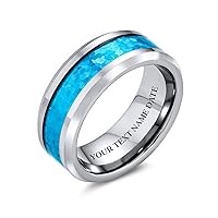 Unisex Personalize Simulated Blue Opal Inlay Couples Titanium Wedding Band Ring For Men For Women Silver Tone 8MM Customizable