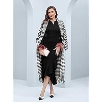 Women's Jackets Houndstooth Print Lantern Sleeve Tassel Hem Belted Tweed Overcoat Women Jackets (Color : Black and White, Size : Small)