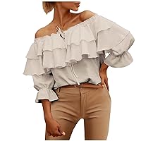 Summer Layered Ruffle Lace-Up Off Shoulder Tops for Womens 3/4 Puff Sleeve Frill Trim V-Neck Fashion Elegant Blouses