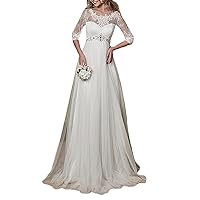 Lorderqueen Women's Long Lace Wedding Dresses for Bride with Sleeve Plus Size