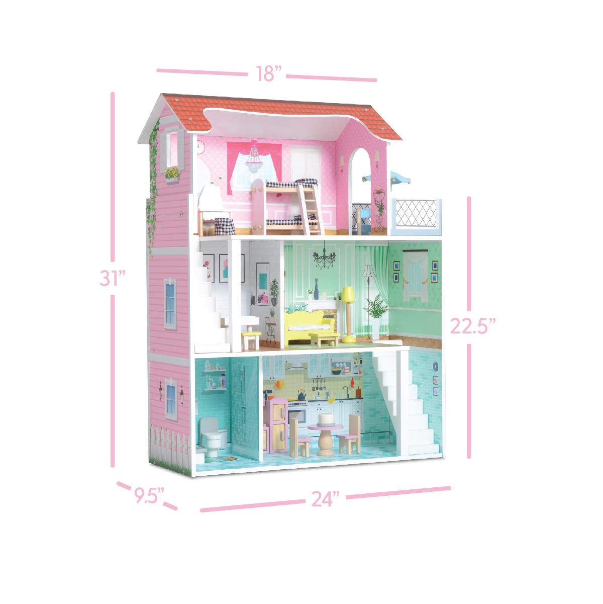 Milliard Doll House / 20 Furniture Pieces / 2.5 Feet High/Perfect Wooden Dollhouse for Kids
