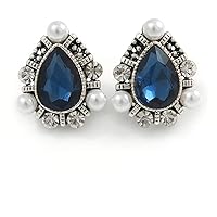 Vintage Inspired Teardrop Midnight Blue Glass, Clear Crystal, Pearl Clip On Earrings In Aged Silver Tone - 25mm Tall