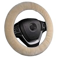 Soft Fluffy Warm Genuine Sheepskin Car Steering Wheel Cover, Fuzzy Fur Wool Protector for Winter Universal Car 14 1/2inch-15 1/2inch, Anti-Slip Comfortable Auto Accessories (Pearl)