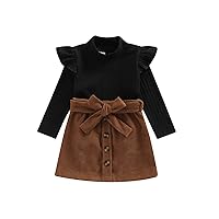 fhutpw Baby Toddler Girl Outfits Fall Winter Clothes Turtleneck Knitted Cotton Long Sleeves Tops & Button Mini Skirts Set
