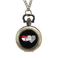 Croatian and Black USA Flag Fashion Quartz Pocket Watch White Dial Arabic Numerals Scale Watch with Chain for Unisex