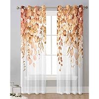 Orange Eucalyptus Leaves Sheer Curtains 72 Inch Length 2 Panels Set, Grommet Kitchen Curtains Sheer Window Curtain for Living Room Bedroom Light & Airy Privacy Drapes Spring Floral Summer Botanical