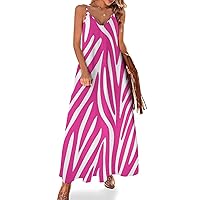 Pink Zebra Print Spaghetti Straps Long Dresses for Women Sleeveless Slip Dress Casual Sundress Tankdress