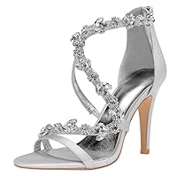Womens Corss Strappy Heels Open Toe Bride Party Job Dress Shoes High Heels Satin Zip Rhinestone Wedding Sandals Silver US 6.5