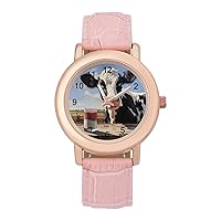 Moo Cow and Milk Women's Watches Classic Quartz Watch with Leather Strap Easy to Read Wrist Watch