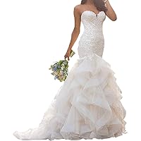 Mermaid Wedding Dress Sweetheart Long Bridal Dress Organza Ruffles Wedding Bridal Gowns Lace Applique Beaded
