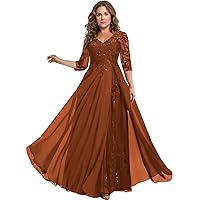 3/4 Sleeve Mother of The Bride Dresses for Women Long Chiffon Lace V-Neck Formal Wedding Guest Gown