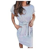YUTANRAL Womens Summer Striped Printed Boat Neck Slim Tie Waist T-Shirt Midi Dress for Women Fashion Business Casual Dresses