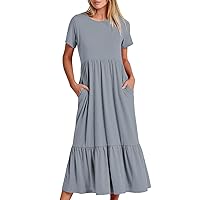 Gifts for Women Outlets Deals Tiered Ruffle Maxi Dress for Women Summer Mid Calf Tshirt Dresses Casual Crewneck Sundress Short Sleeve Midi Dress Country Outfits for Women Silver