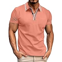 Striped V Neck Polos Shirts for Men Short Sleeve Moisture Wicking Button Up Golf Shirt Lapel Collar Fitted Workout Gym Shirt