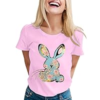 Womens Easter Bunny Shirt Cute Rabbit T-Shirts Loose Short Sleeve Leopard Print Graphic Tee Blouse Tops