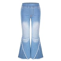 YiZYiF Girl's Ripped Flare Jeans Raw Hem Bell Bottom Elastic Waist Denim Trousers Casual Loose Fit Long Pants