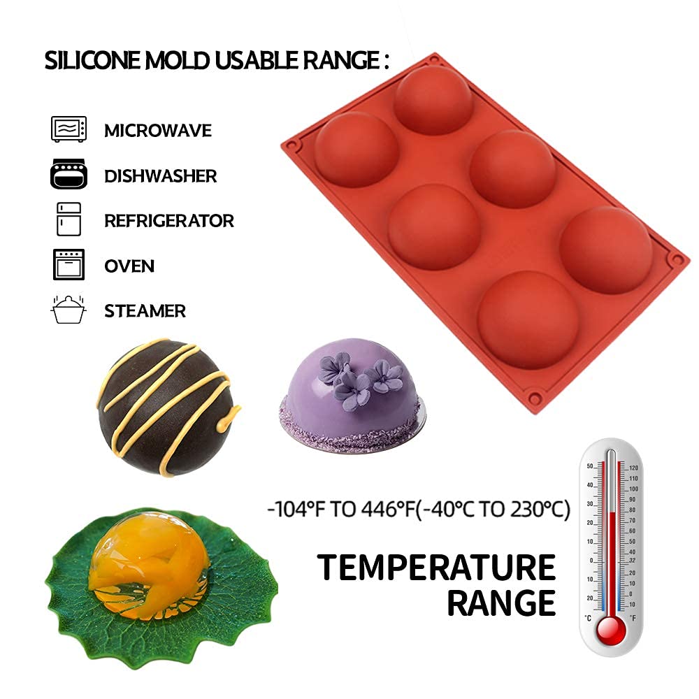 BAKER DEPOT 6 Holes Hot Chocolate Bomb Mold Dome Silicone Mould For Chocolate Cake Jelly Pudding Handmade Soap Round Shape Circle Cake Moulds Dia: 2 1/2 inches, Set of 2