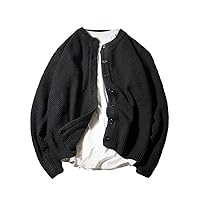 Man Solid Black O-Neck Casual Knitted Sweater Spring Autumn Outwear Loose Simple Korean Style Cardigan