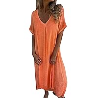 Women's Summer Cotton and Linen Short Sleeve Dress V Neck Loose Casual Tunic Beach Dresses