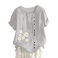 Womens Summer Tops Boho Daisy Floral Shirts Roll Short Sleeves Square Collar Button Blouse Tops Beach Casual Shirt