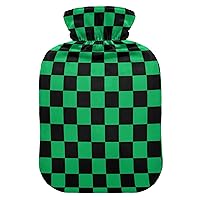 Hot Water Bottles with Cover Black Green Squares Hot Water Bag for Pain Relief, Warming Hands, Water Heating Pad 2 Liter