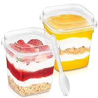 50 Pack 8 oz Square Plastic Dessert Cups with Lids and Sporks, Clear Thickened Pudding Cups Reusable Yogurt Parfait Containers for Strawberry Shortcakes, Fruits, Mousse, Ice Creams