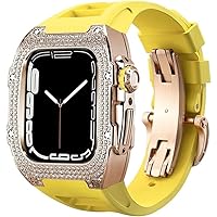 AEHON Luxury Diamond Stainless Steel Cover Case for Apple Watch 7/8 45 mm 44 mm with Fluororubber Strap Upgrade Alloy Zircon Bezel Modification Kit Elastic Band for iWatch 6 5 4 SE