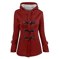 Womens Winter Horn Button Coats Hooded Sherpa Fleece Thicken Warm Outerwear Long Sleeve Sweatshirt Style Hood Jacket