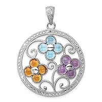 925 Sterling Silver Polished Citrine Blue Topaz and Amethyst Flower Pendant Necklace Jewelry for Women