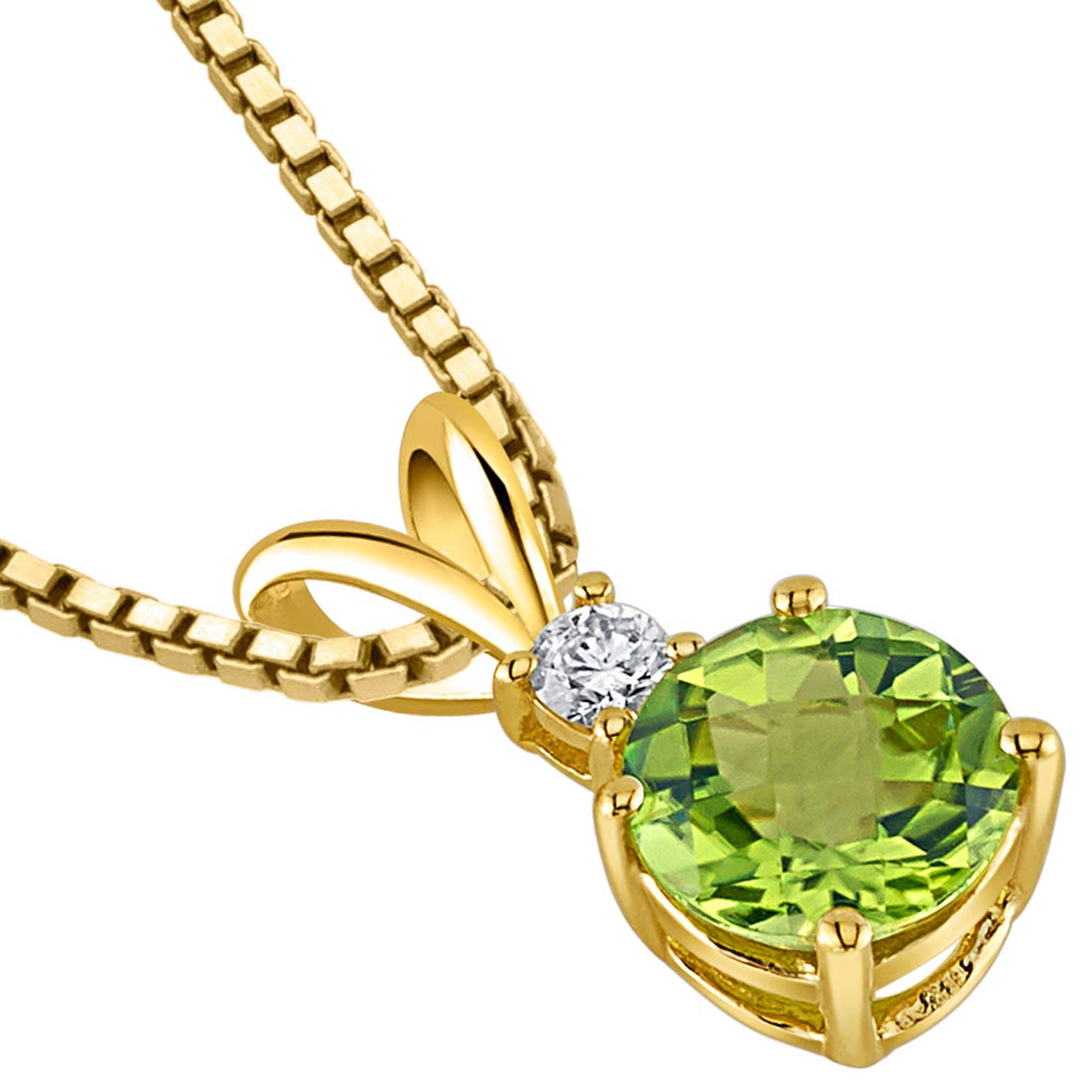 Peora Peridot with Genuine Diamond Pendant in 14K Yellow Gold, Elegant Solitaire, Round Shape, 6.50mm, 1 Carat total