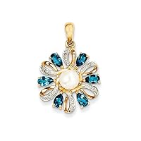 14k Yellow Gold Polished Prong set Open back Diamond and Freshwater Cultured Pearl London Blue Topaz Pendant Necklace Measures 28x20mm Wide Jewelry for Women