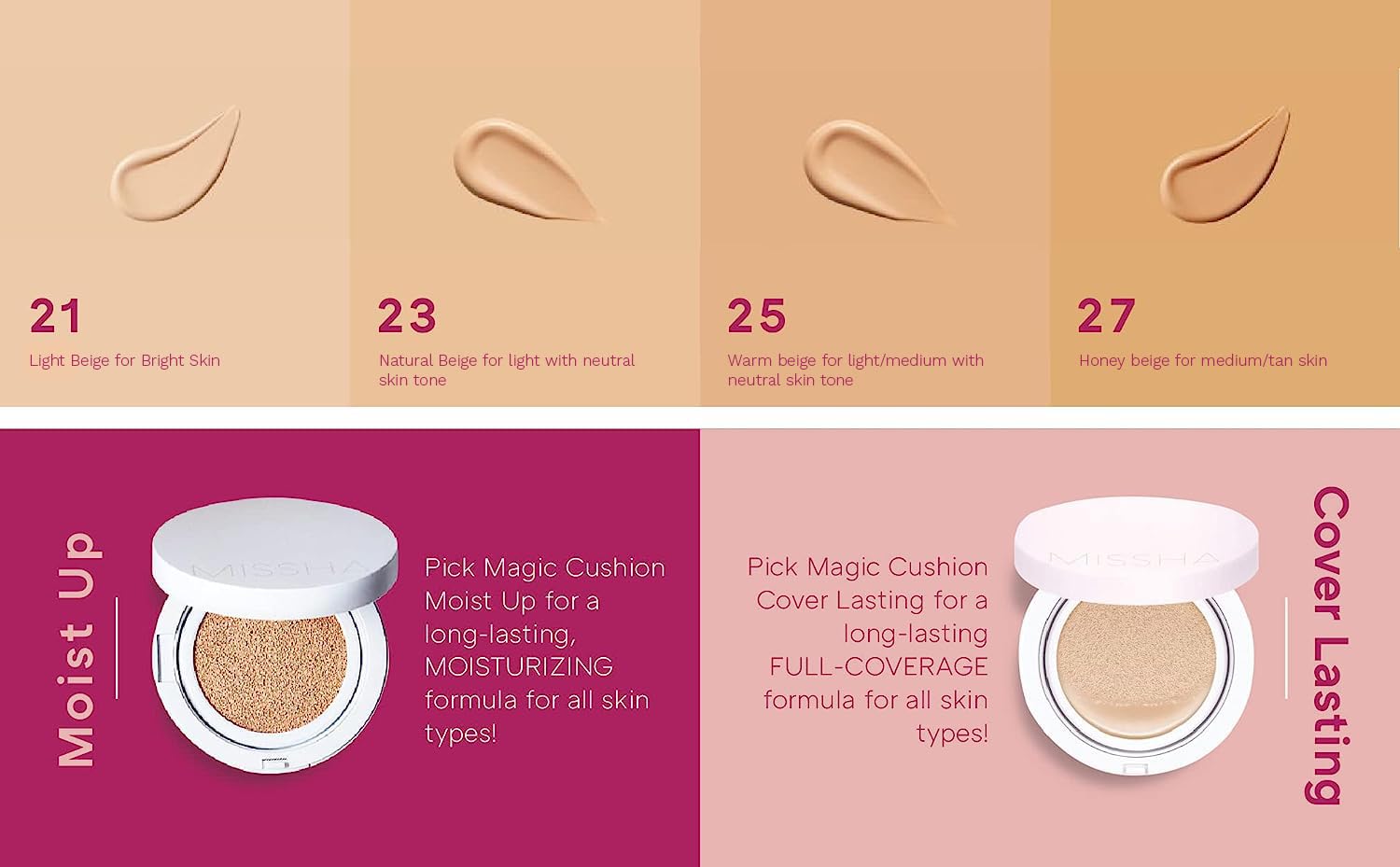 MISSHA Magic Cushion Foundation No.21 Light Beige for Bright Skin - Flawless Coverage, Dewy Finish, Easy Application for All Skin Types