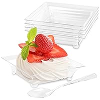 Qeirudu 100 Pack 1 oz Small Dessert Plates for Appetizers - Mini Plastic Plates with Spoons Reusable Square Appetizer Bowls Tiny Individual Serving Trays