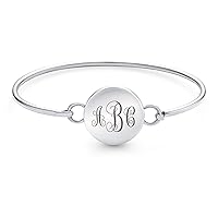 Bling Jewelry Personalize .925 Sterling Silver Letters Initials Alphabet Monogram Heart or Round Bracelet Hinge Bangle For Women Teen Girlfriend Polished Solid Strong Customizable