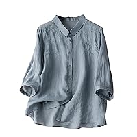 Summer 3/4 Sleeve Embroidery Button Down Shirts for Women Cotton Linen Lapel Casual Loose Retro Solid Blosues Tops