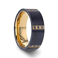 Muramasa | Titanium Ring | Comfort Fit | Flat Brushed Black Titanium Wedding Band Gold Plated Inside with Six Sets of Triple Black Diamonds - 8 mm Wide