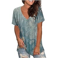 Women Fashion Deep V-Neck Short Sleeve Tops Vintage Floral Pattern T-Shirts Casual Loose Basic T Shirt Pullover