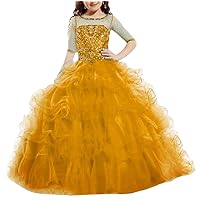 Girl's Jewel Neck Beaded Pageant Dresses Organza 3/4 Long Sleeve Birthday Party Dresses