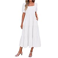 PRETTYGARDEN Women's Summer Dresses 2024 Puff Sleeve Square Neck High Waist Smocked A-Line Flowy Loose Fit Midi Dress
