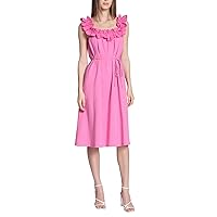 Donna Morgan Women's Ruffle Neck and Strap Knee Length Dress with Waist Tie