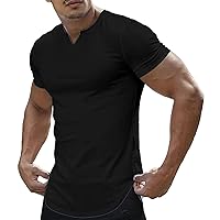 V Neck Workout Tee Shirts for Men Short Sleeve Bodybuilding Muscle Athletic T-Shirt Stretch Summer Casual Basic Shirt