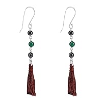 Silvesto India Wire Wrapped Hematite & Green Onyx, 92.5 Sterling Silver Earring, Jaipur Rajasthan India Fish Hook-Red Tassel-Handmade Jewelry Manufacturer