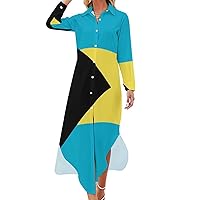 Bahamas Flag Women's Shirt Dress Long Sleeve Button Down Shirts Dress Casual Loose Maxi Dresses