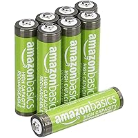 Amazon Basics 8-Pack Rechargeable AAA NiMH High-Capacity Batteries, 850 mAh, Recharge up to 500x Times, Pre-Charged